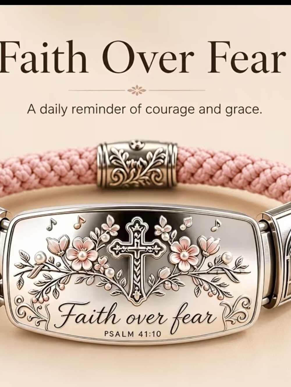 Cherry Blossom Cross Pendant Woven Prayer Bracelet. NWT